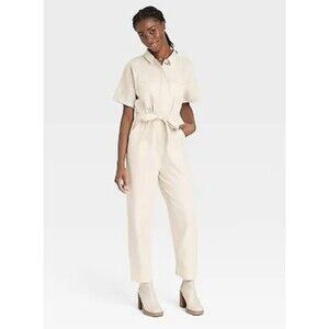 Women's Universal Thread Short Sleeve Button Front Boilersuit Cream 4